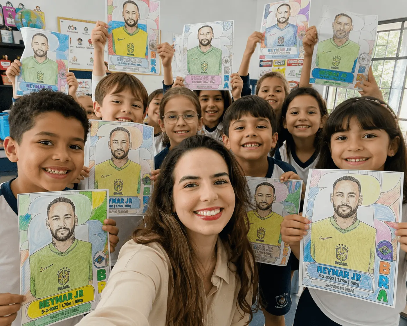 Professora e crianças felizes segurando páginas coloridas do Livro de Colorir Copa 2026